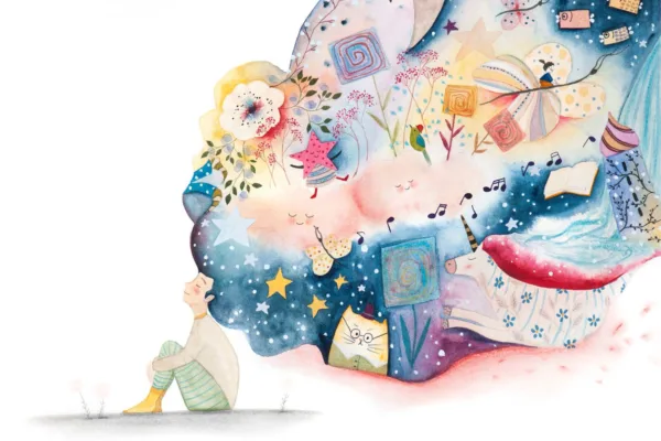 Akvarelna ilustracija otroka, iz katerega vznika domišljijski oblak zvezd, rož, mačka, knjig in not