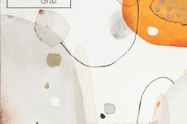 Abstraktna akvarelna ilustracija z oranžnim cvetom in zemeljskimi toni, napis Art Expo Graz