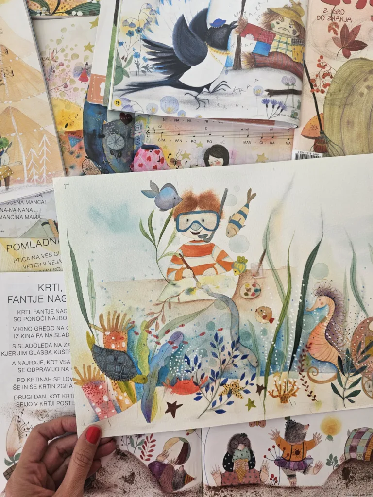 Originalna akvarelna ilustracija dečka s potapljaško masko med morskimi bitji, v ozadju revije Zmajček