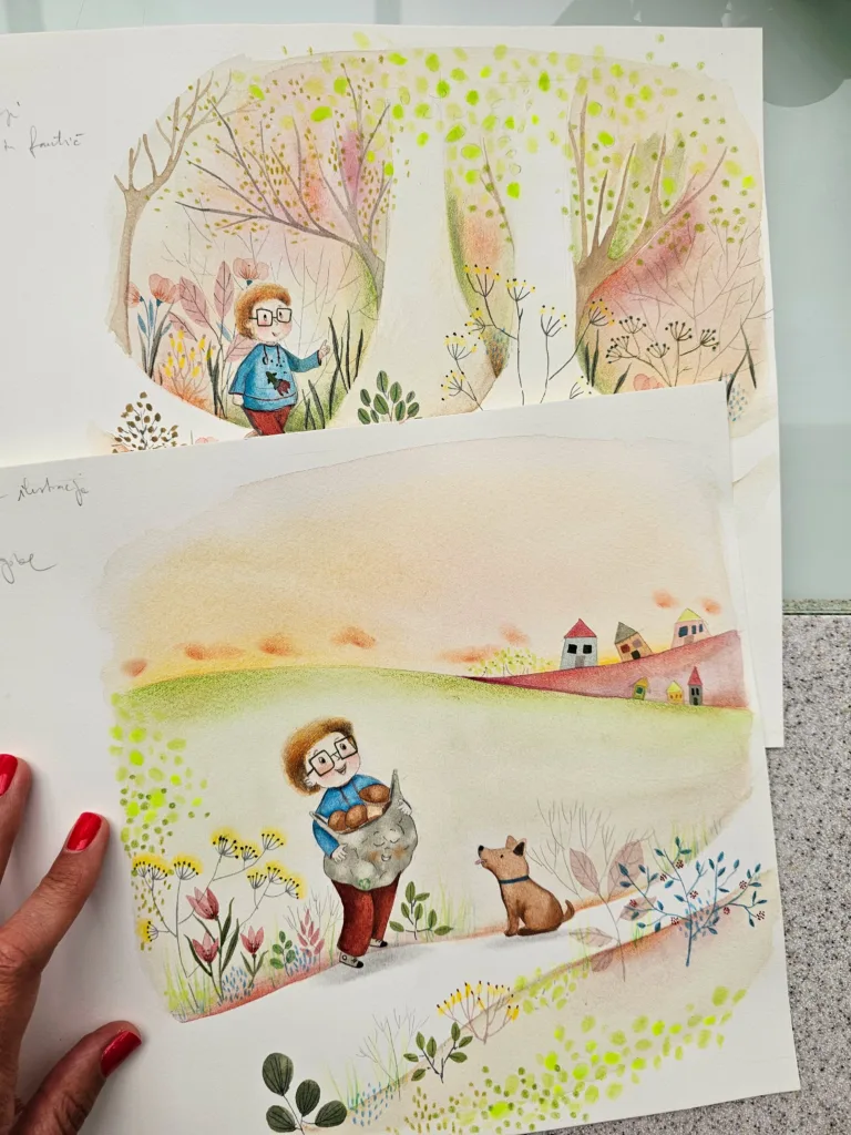 Dve originalni akvarelni ilustraciji: deček z očali v jesenskem gozdu in na travniku s kužkom