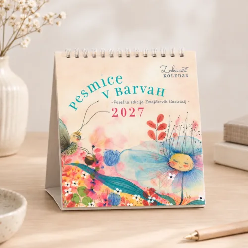 Ilustrirani namizni koledar 2027 Pesmice v barvah na mizi: metulj z očali obišče zaspano modro cvetlico