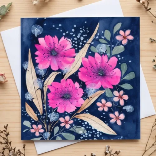 Fluorescent flowers greeting card: three glowing pink flowers shine against a deep blue night